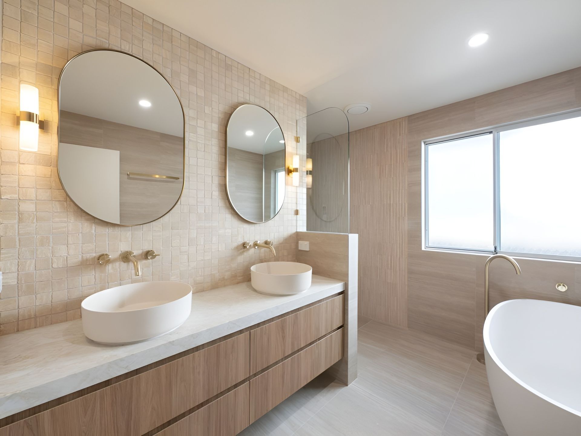 Modern Bathroom with Double Sinks and Wood Cabinetry — WJG Built in Wollongbar, NSW