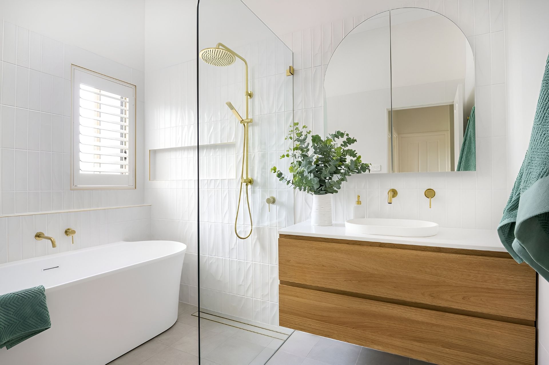 Bright Modern Bathroom with White Tub and Wood Vanity — WJG Built in Wollongbar, NSW