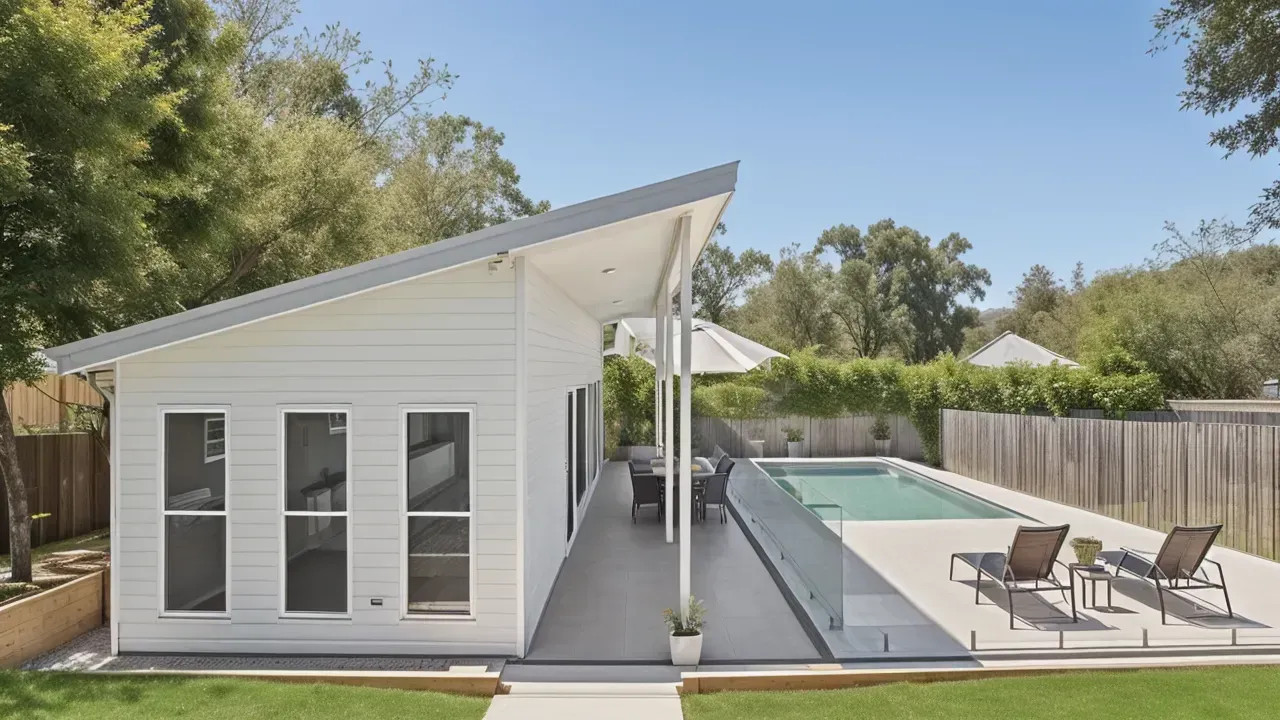 White Modern House Beside a Narrow Pool and Patio with Lounge Chairs — WJG Built in Wollongbar, NSW
