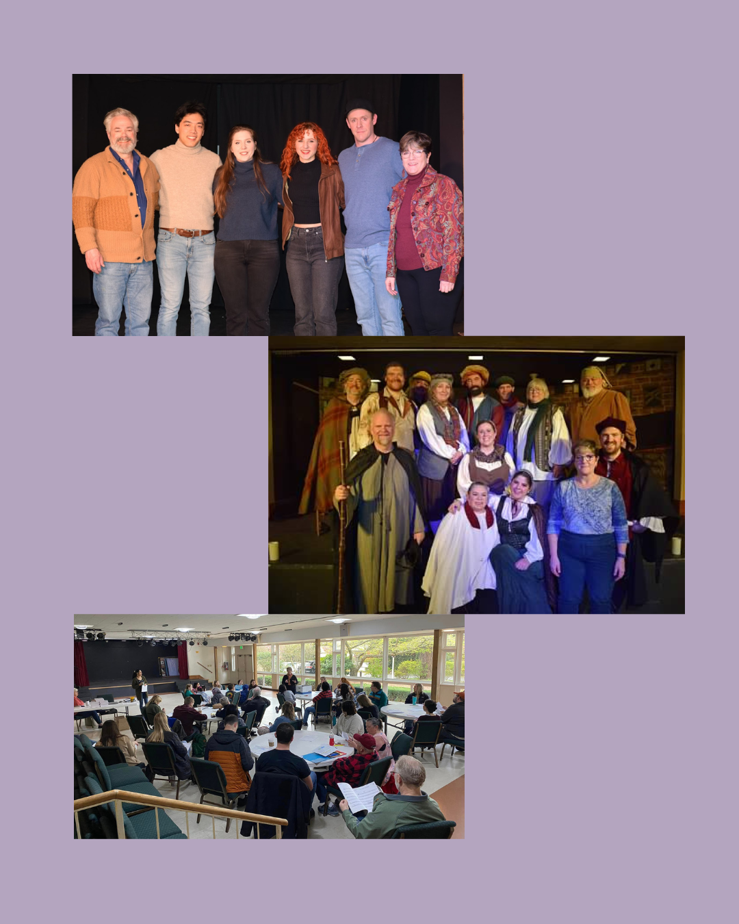 Top - Cast of Coming Late of Age (A new work by Peter Gruenbaum) February 2025
Middle Cast of Shakespeare's Lost Christmas Play (by Dwayne Yancy) December 2024
Bottom - Cast Mary Poppins (First rehearsals April 2024)