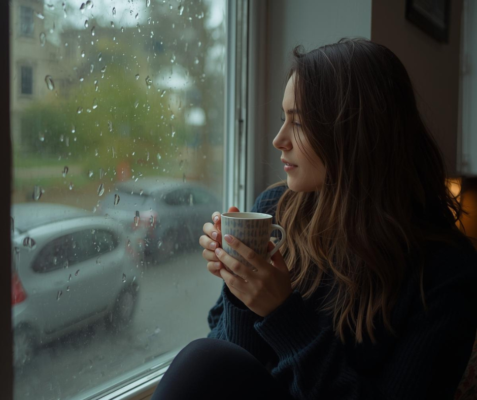 Woman sitting by a window looking outside