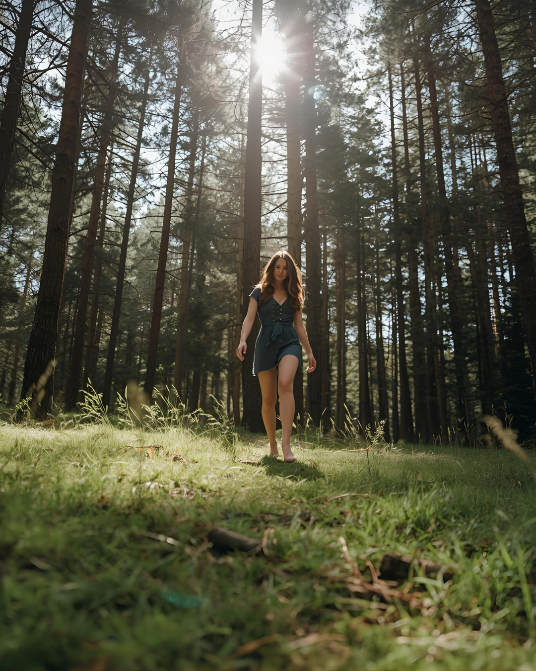 A woman walking through a forest.
