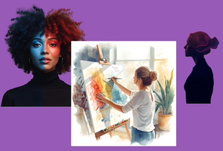 Images  of three women one African-American, One illustrated Woman painting, One in silhouette