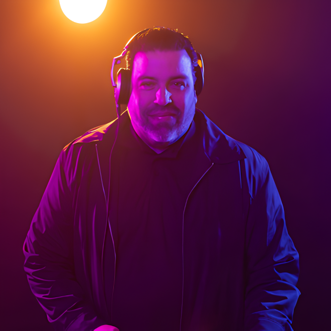 Man with headphones in a dark setting, lit with orange and purple lights.