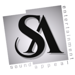 Black "SA" logo inside angled square, with "sound appeal entertainment" text.