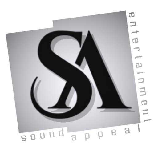 Black "SA" logo inside angled square, with "sound appeal entertainment" text.