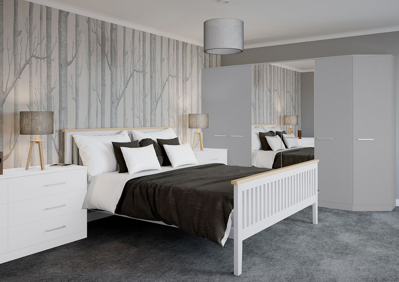 A bedroom with a bed , dresser , nightstand , and wardrobe.