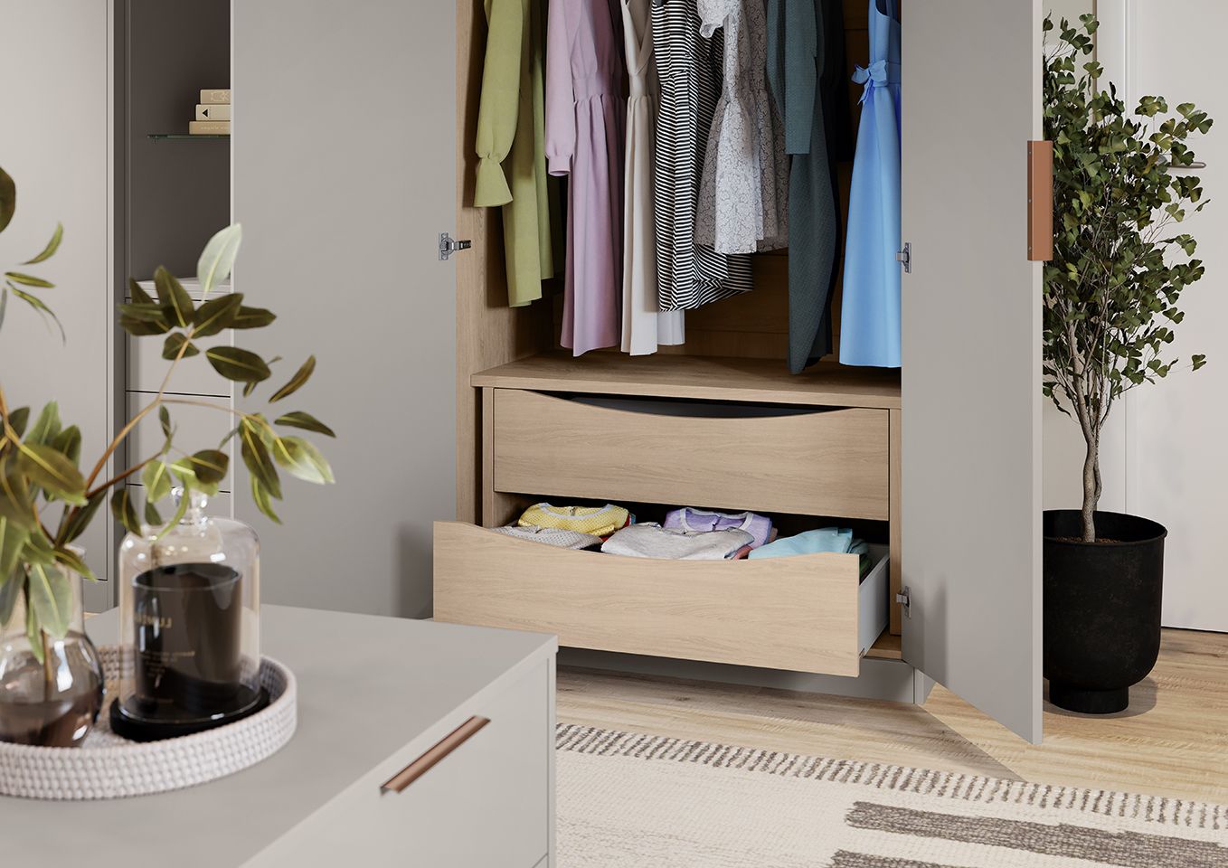 A living room with a wardrobe filled with clothes and a drawer open.