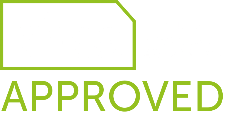 A green and white logo that says approved on a white background.