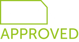 A green and white logo that says approved on a white background.