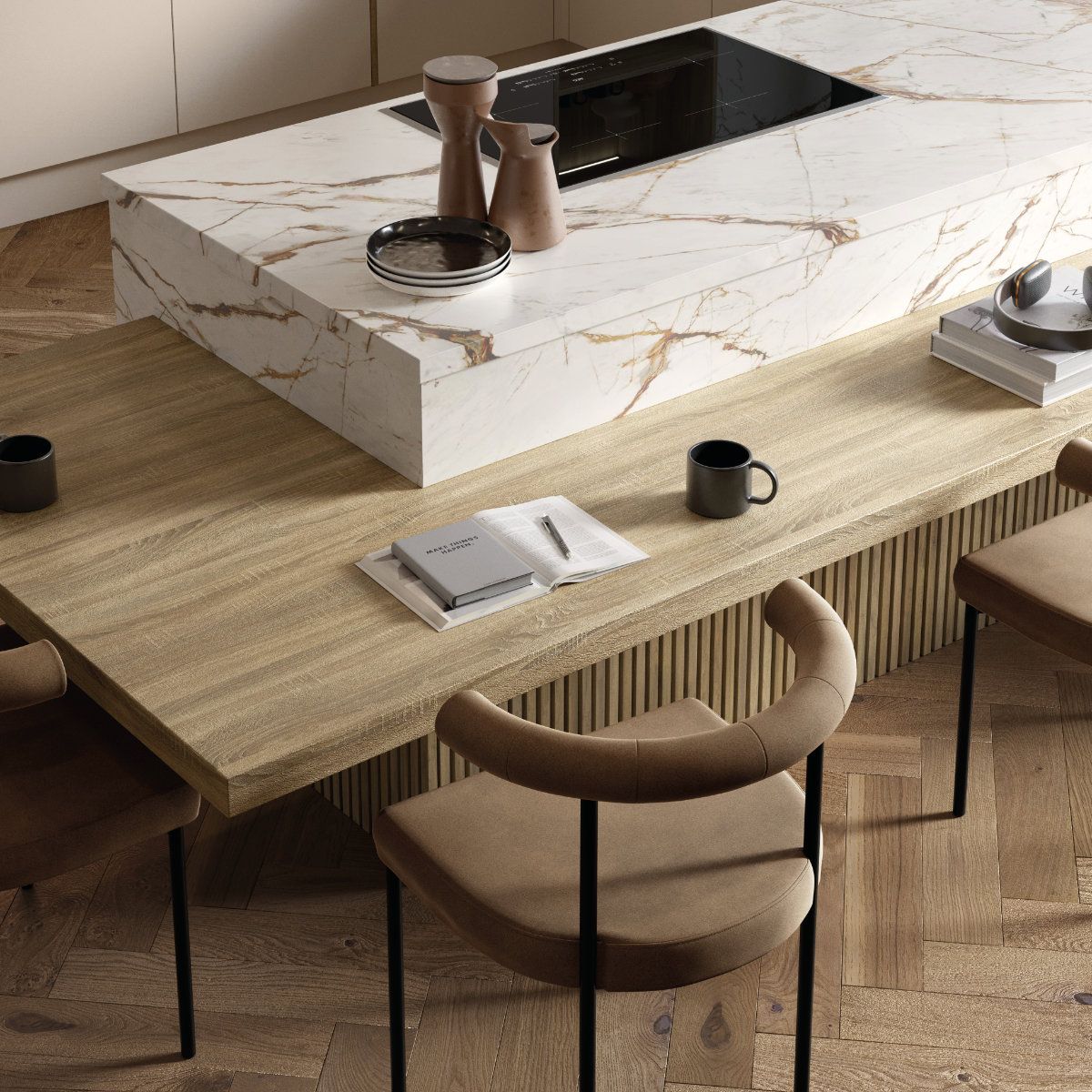 A kitchen with a wooden table and chairs and a marble counter top.