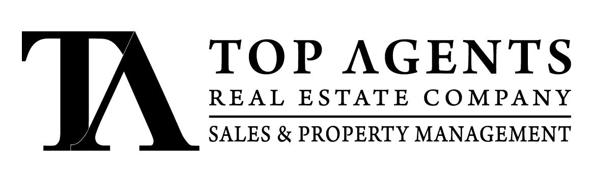 Logo for Top Agents Real Estate Company, featuring "TA" in a stylized font. Text: Top Agents, Real Estate Company, Sales & Property Management.