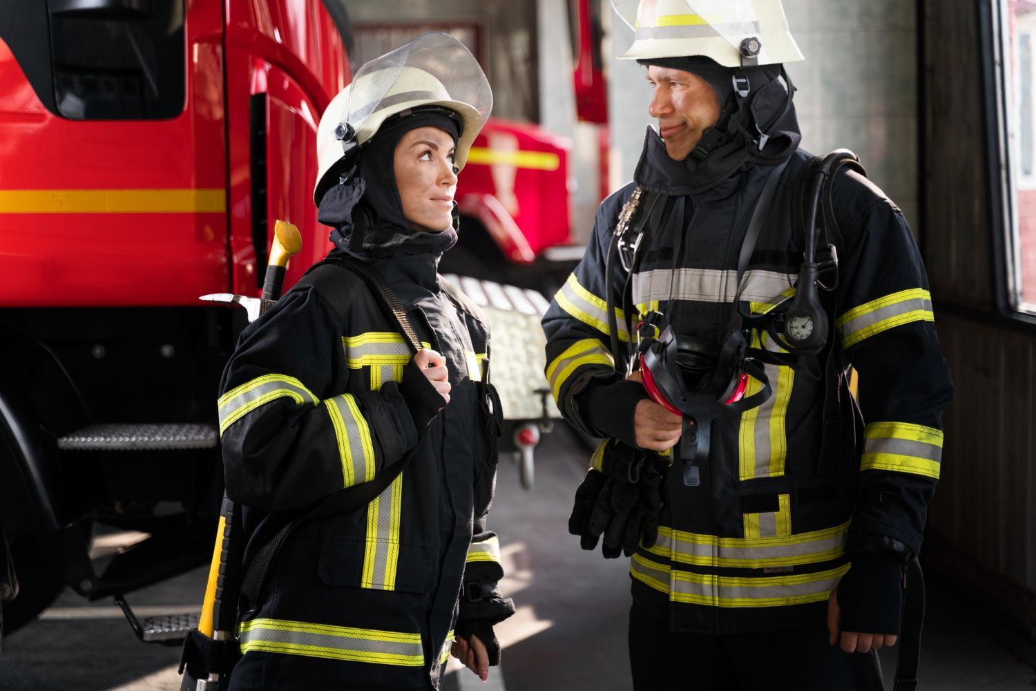 Two firefighters in protective gear standing near a red fire truck, smiling and talking.