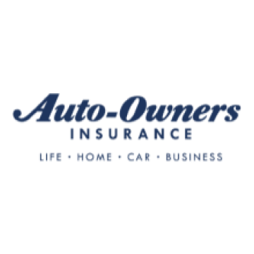 Auto-Owners Insurance logo: dark blue text with "Auto-Owners Insurance" and service offerings: Life, Home, Car, Business.