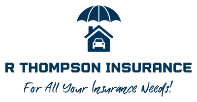 Logo for R Thompson Insurance featuring an umbrella over a house with a car, and the tagline