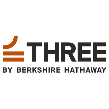 Logo for "THREE by Berkshire Hathaway" featuring the word "THREE" in black with a stylized orange graphic.