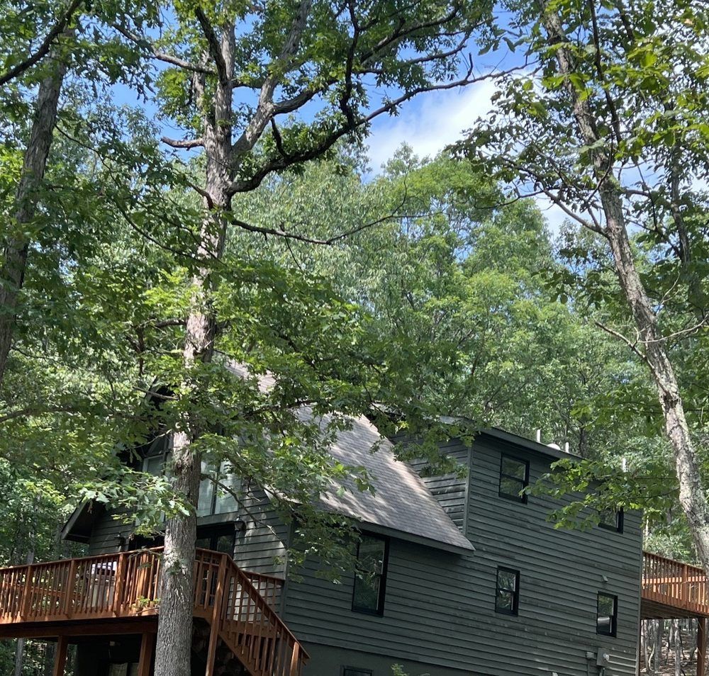 A house with a wooden deck is surrounded by trees.