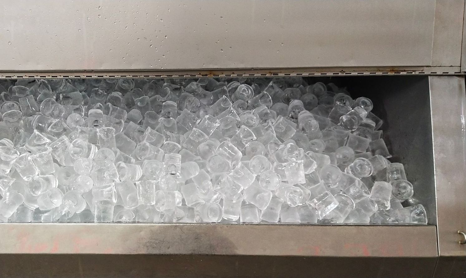 A stainless steel container filled with ice cubes.