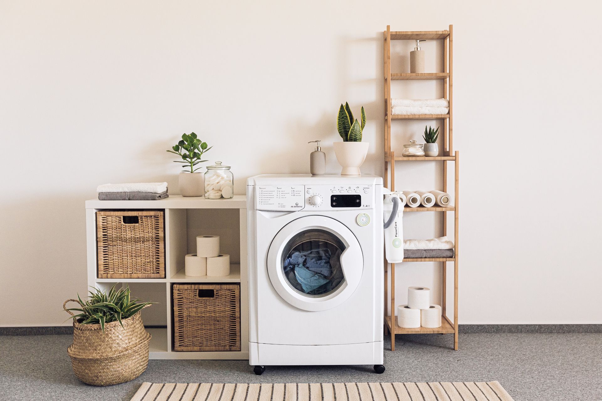 A washing machine is sitting in a laundry room next to a shelf.