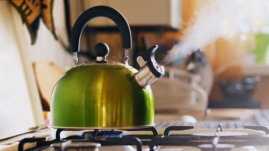 A green tea kettle is sitting on top of a gas stove.