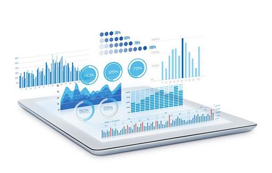 A tablet with graphs and charts on it.