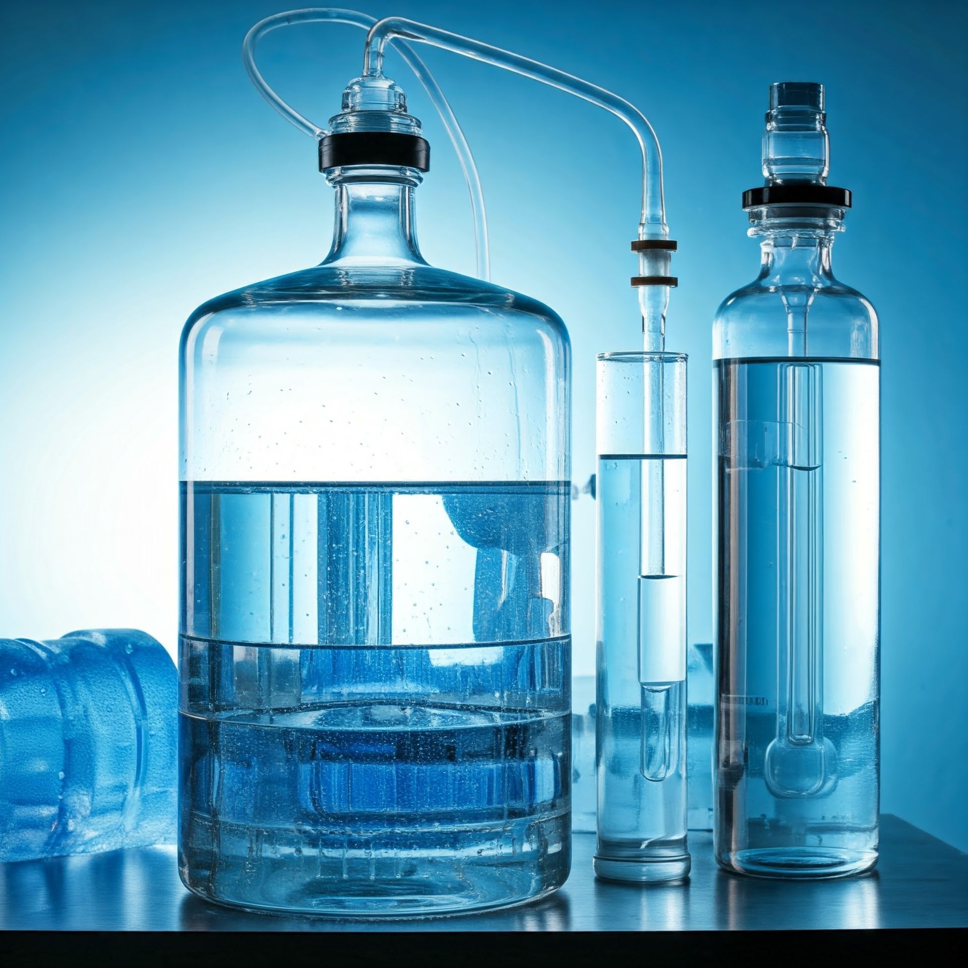 Three bottles of water are on a table with a blue background