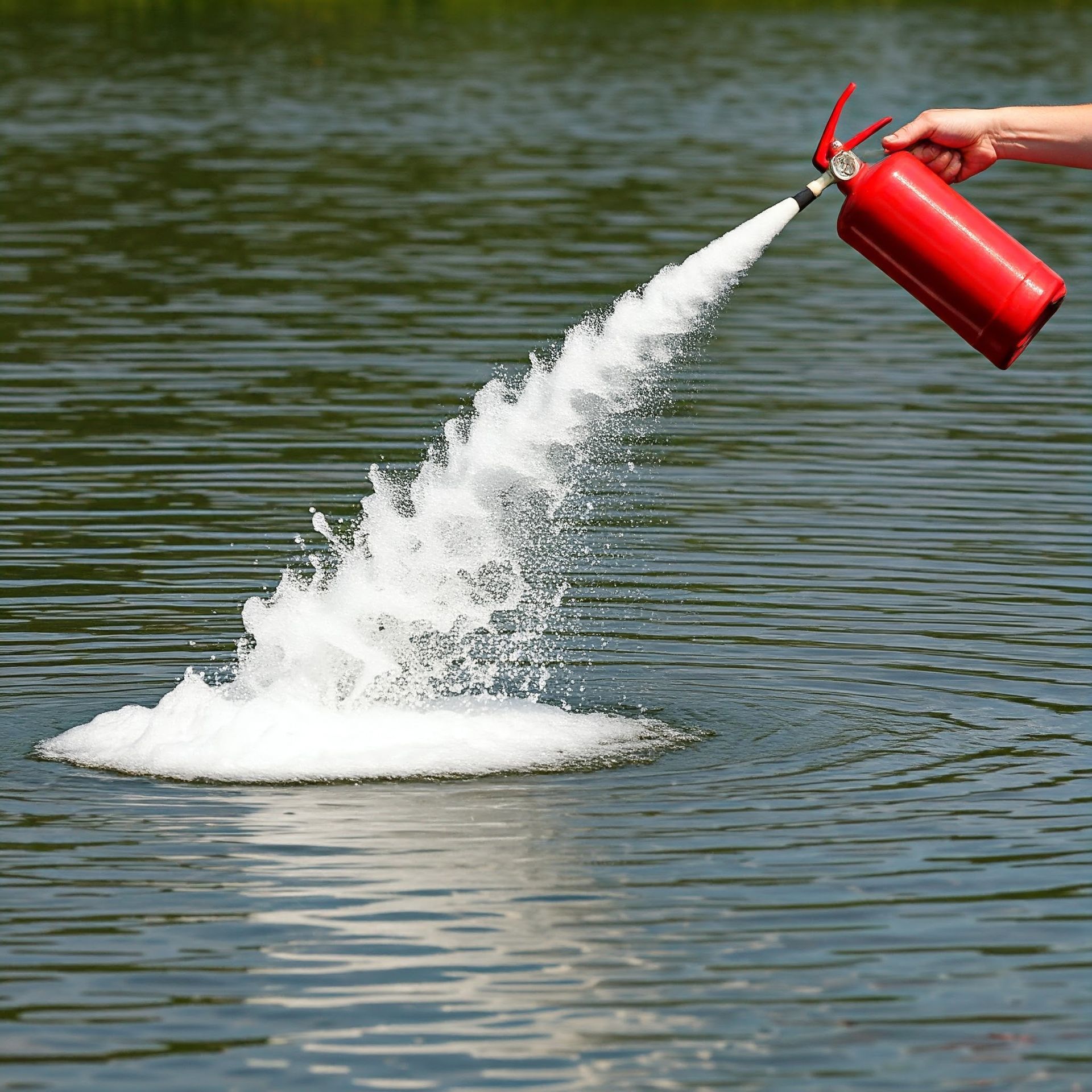 A person is spraying a fire extinguisher into a body of water