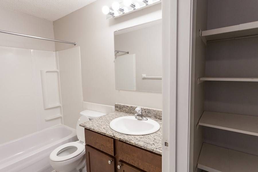Bathroom with granite countertop vanity, sink, toilet, tub/shower, and closet shelving.