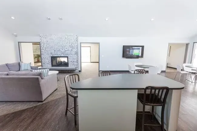 Modern living space with a kitchen island, fireplace, and TV.