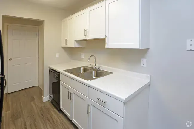 White kitchen with cabinets, sink, and dishwasher; a closed door is visible.