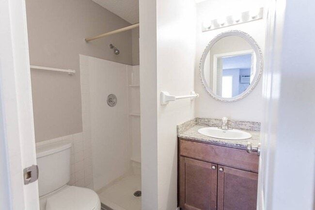 Bathroom interior with a shower, toilet, and vanity with a round mirror.