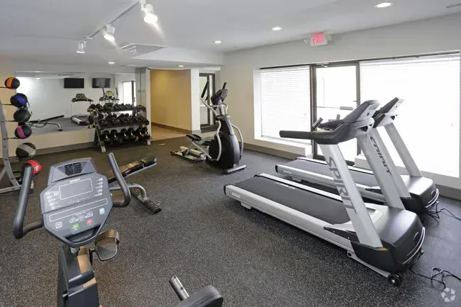 Gym with cardio and weight equipment, mirrors, and windows. Black rubber flooring and neutral walls.