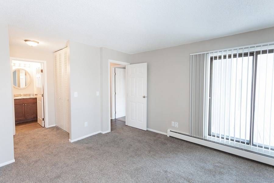 Living room with carpet, gray walls, and a large sliding glass door with vertical blinds.