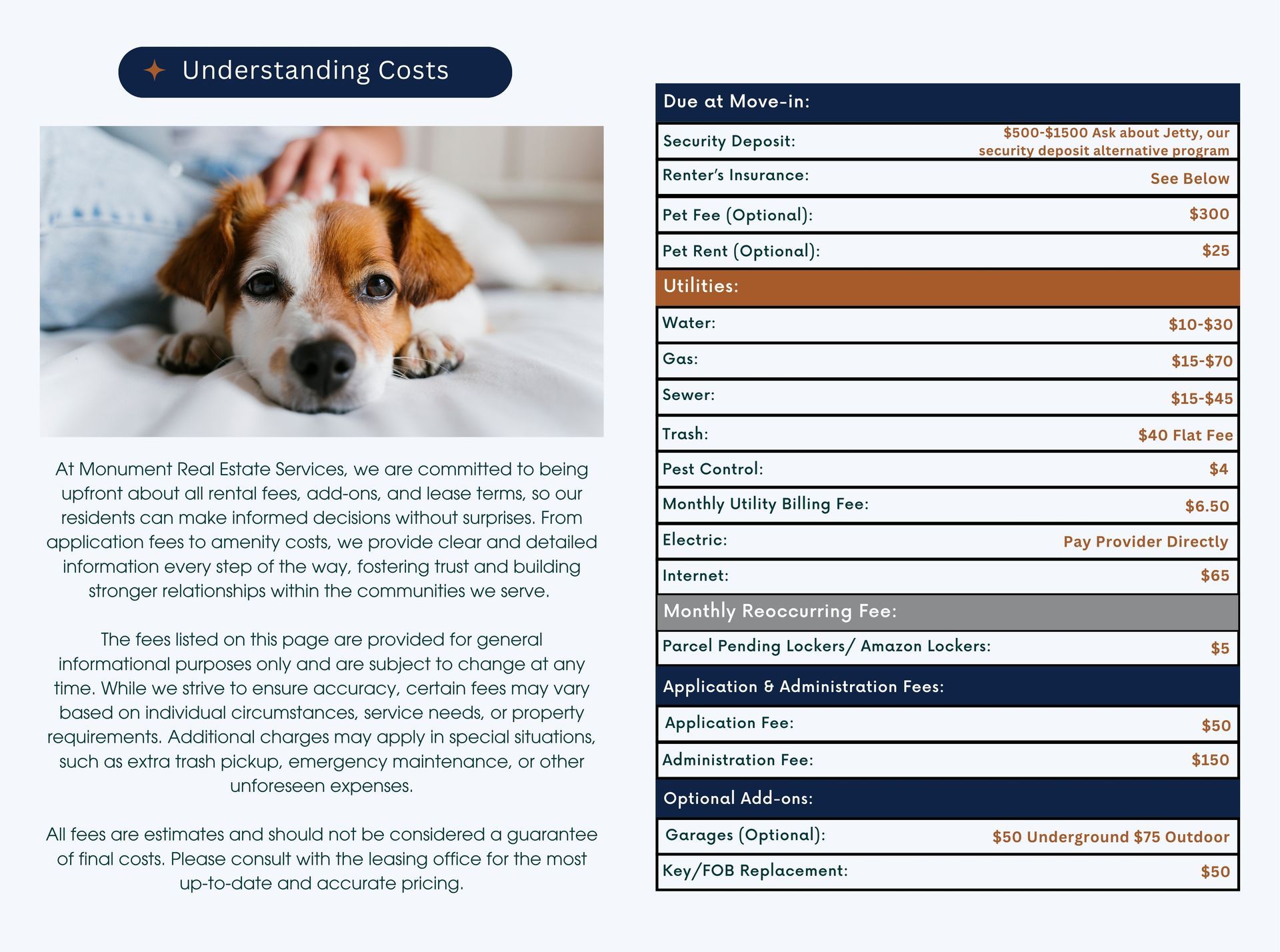 A person's hand petting a dog. Beside is a table of monthly pet expenses.