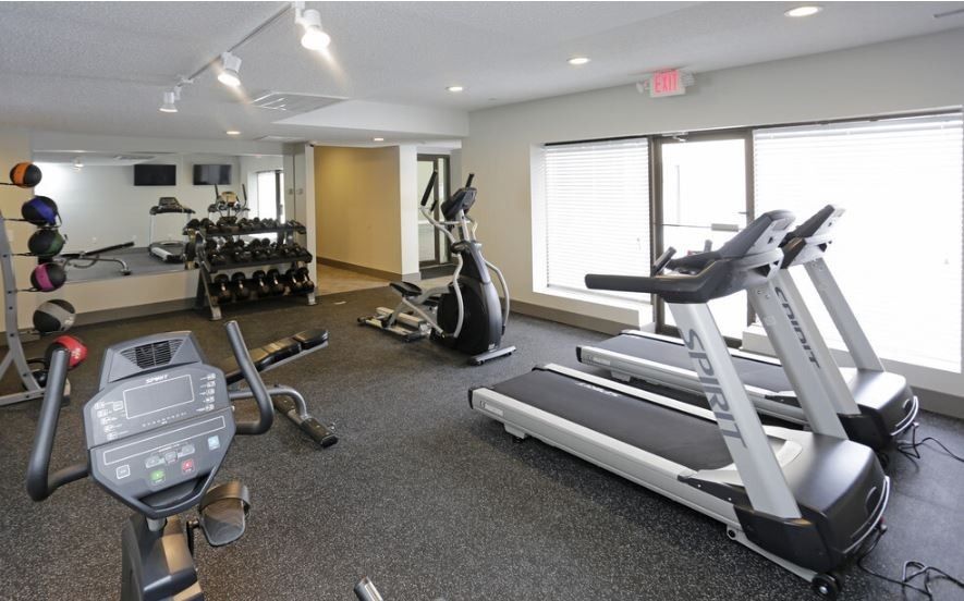 Gym with treadmills, elliptical, weights, and exercise bikes. Large windows and mirrors.