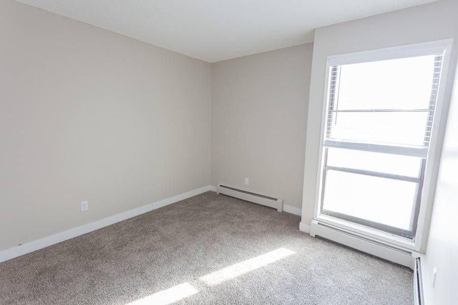 Empty beige carpeted room with a large window and baseboard heater along the wall.