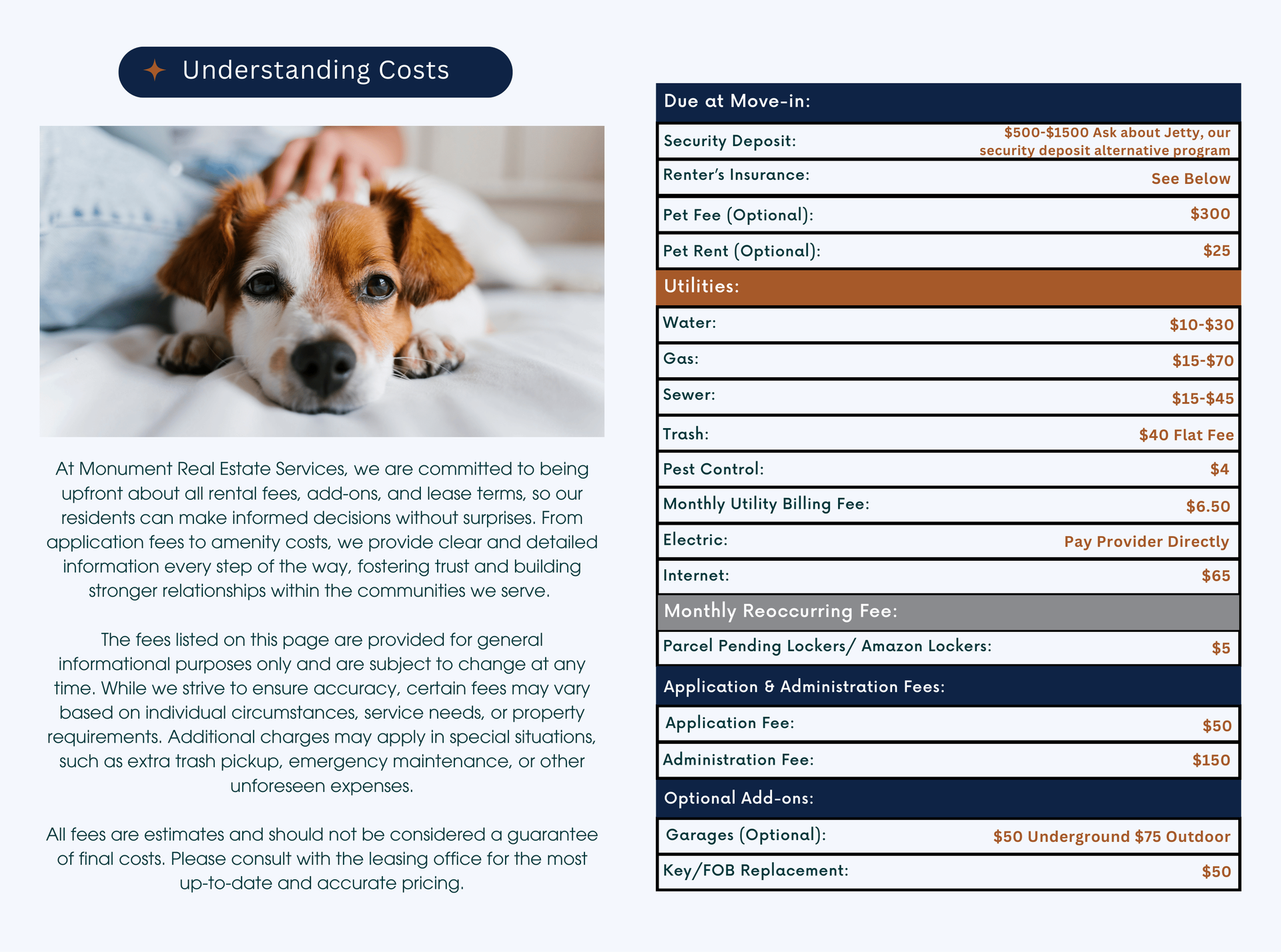 A person's hand petting a dog. Beside is a table of monthly pet expenses.