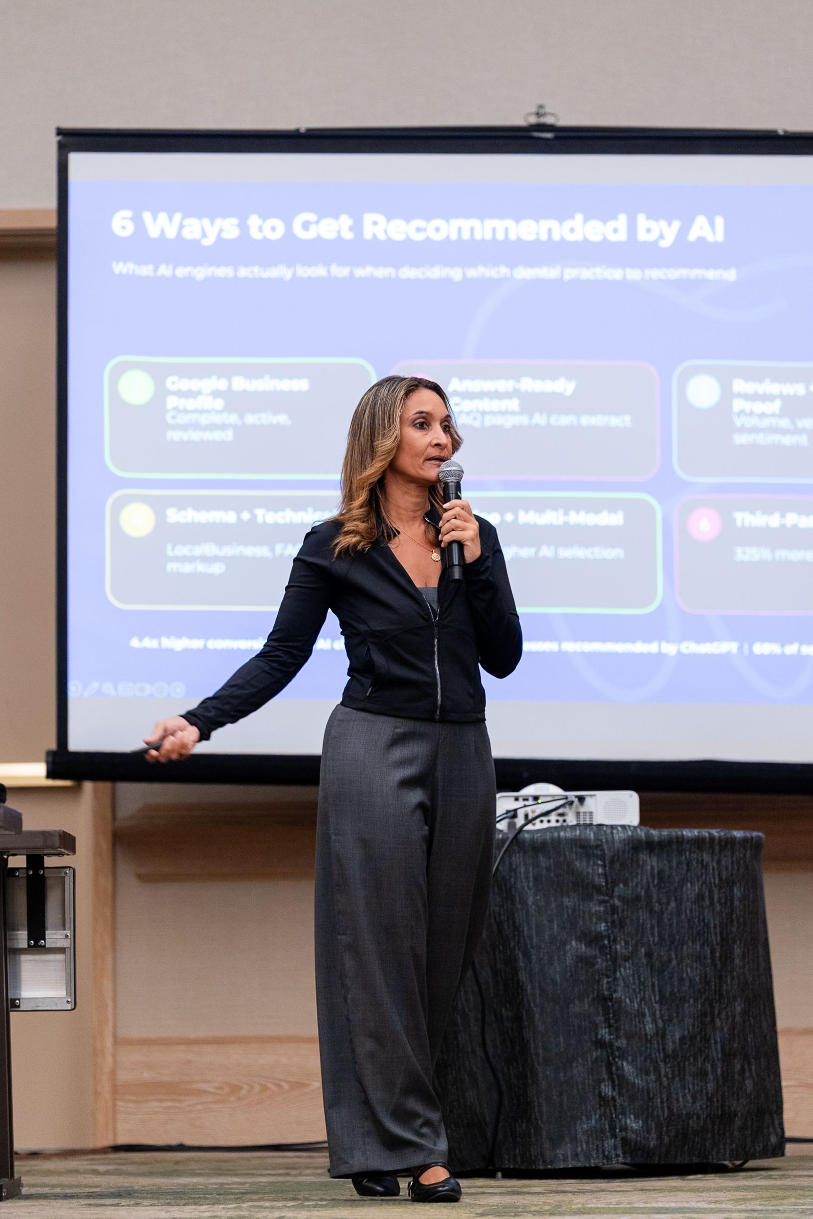 Presenter speaking beside a screen showing “6 Ways to Get Recommended by AI” at a conference podium