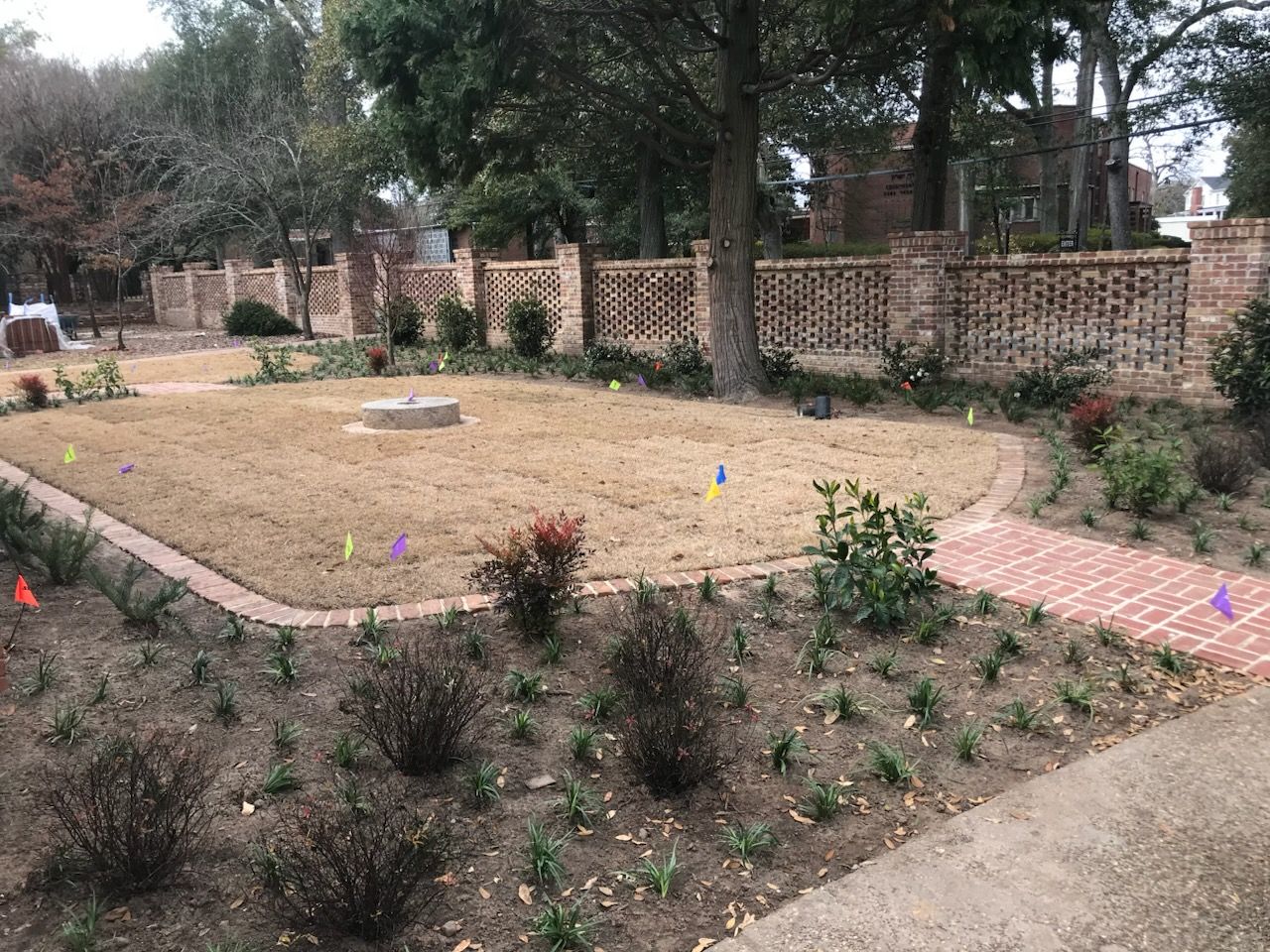 A brick walkway leading to a lush green yard with trees and bushes.