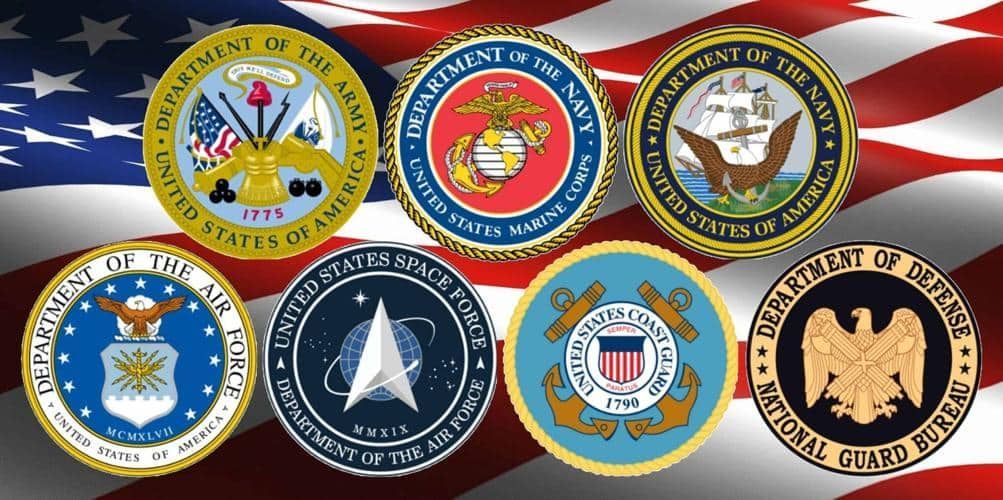 U.S. military branch emblems labeled Army, Navy, Air Force, Marine, Coast Guard, and Space Force.