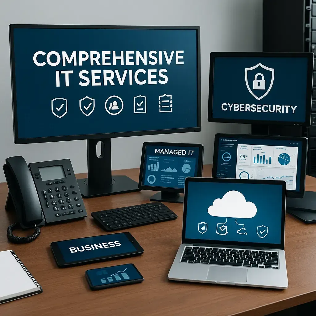 Screens on a desk showing cloud and security setups for Comprehensive IT Services in Long Island.