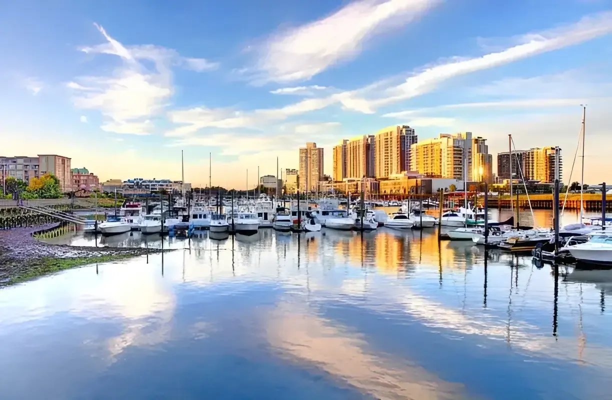 Downtown Stamford waterfront with boats and towers served by IT services Connecticut.