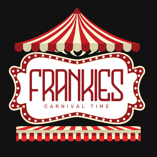 A logo for frankies carnival time with a red and white tent on a black background.