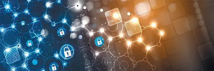 Secure IT services network illustration showing digital security locks, connected data nodes, and encrypted technology infrastructure supporting managed IT solutions and cybersecurity.