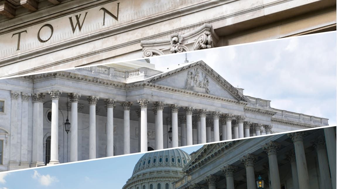 A collage of three different buildings including a town hall and a capitol building.