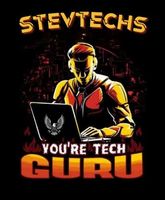 Stevtechs you 're tech guru poster with a man using a laptop