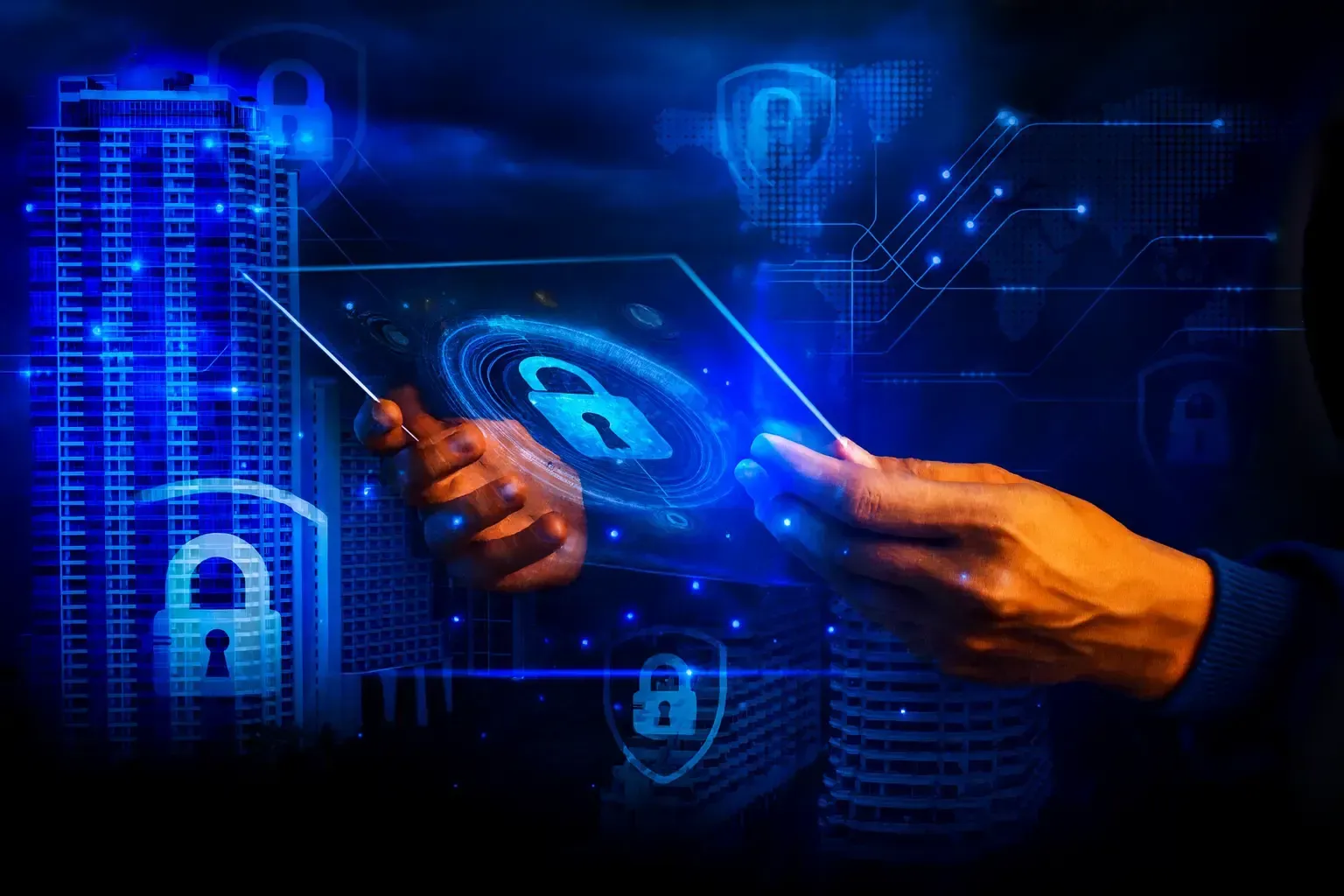 Hands holding a tablet with a bright lock icon for Technology Solutions Long Island.