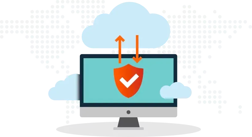 A computer monitor with a shield and arrows coming out of it.