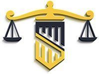 A yellow and black scale of justice with a shield on a white background.
