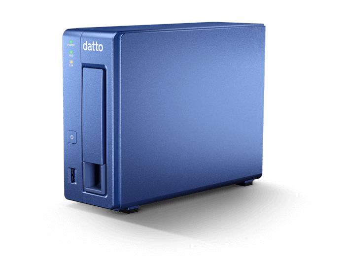 A blue datto box is sitting on a white surface